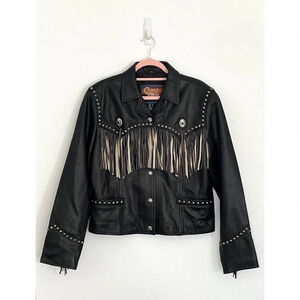 Cripple Creek Vintage Leather Fringe Jacket  Coat Black Sz XL